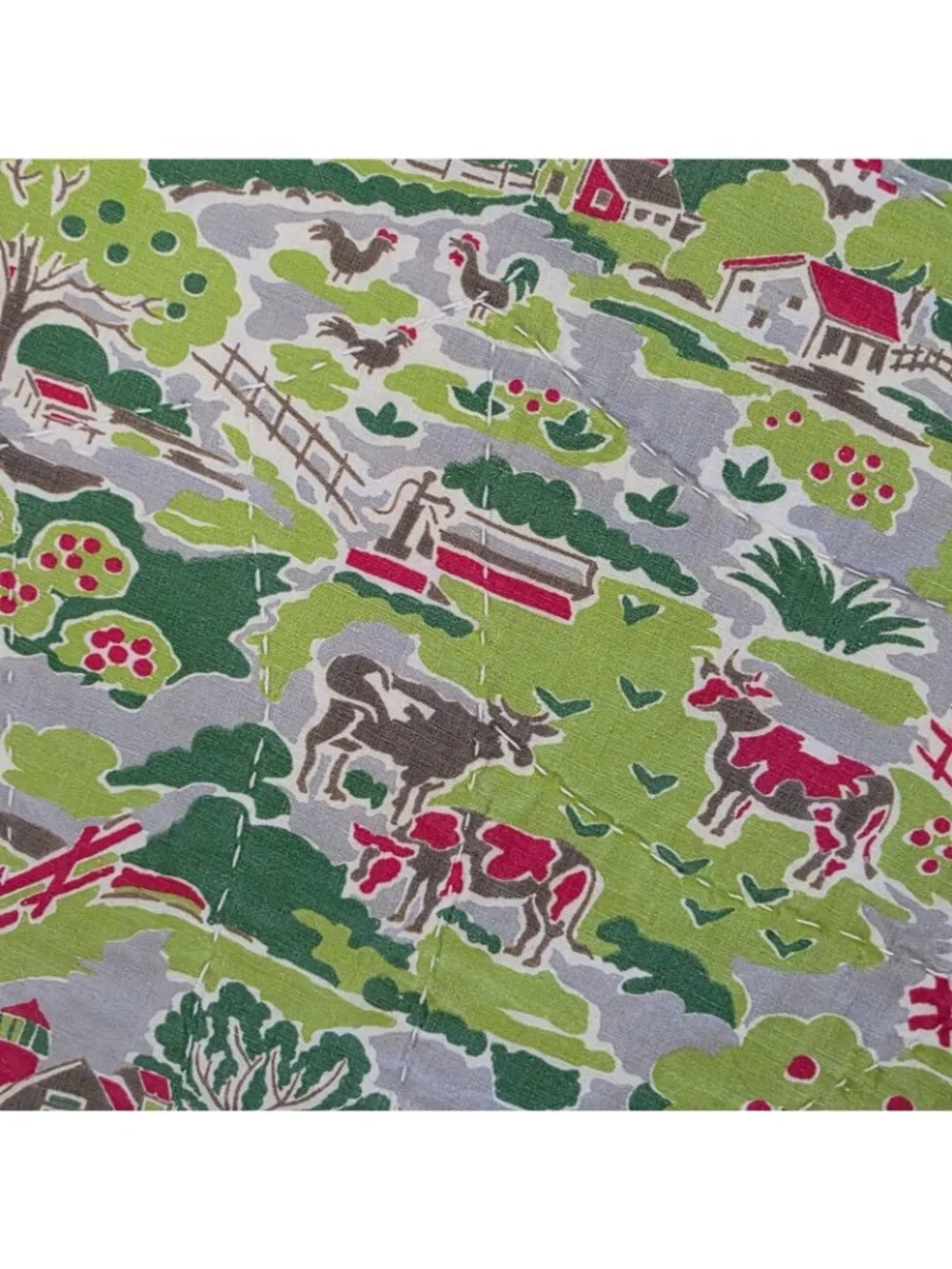 Vintage Handmade Handstitched Fan Quilt Blue Red 84 x 67 Farm Fabric